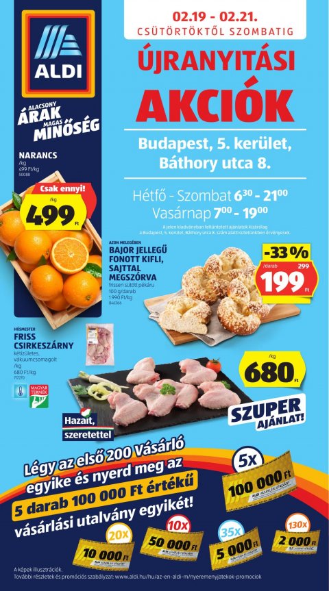 ALDI Újranyitás Budapest, 5. kerület, Báthory utca 8. akciós újság od 19. 2. 2026 do 21. 2. 2026