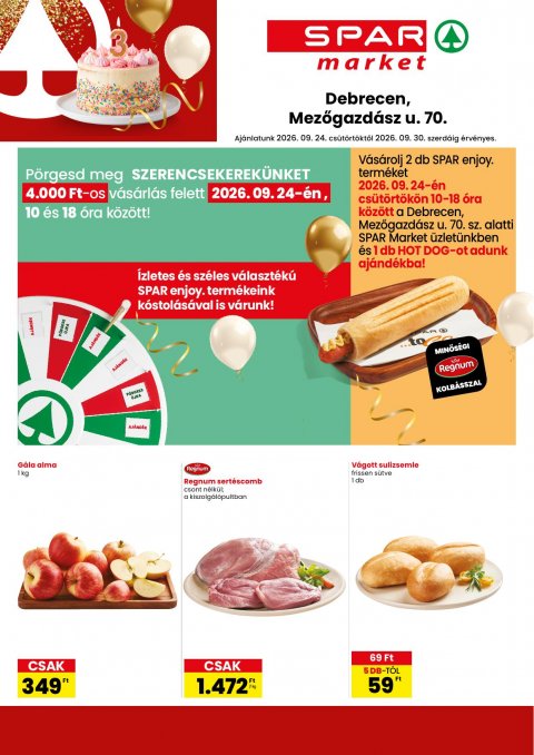 SPAR market Debrecen Mezőgazdász utca szórólap akciós újság od 24. 9. 2026 do 30. 9. 2026